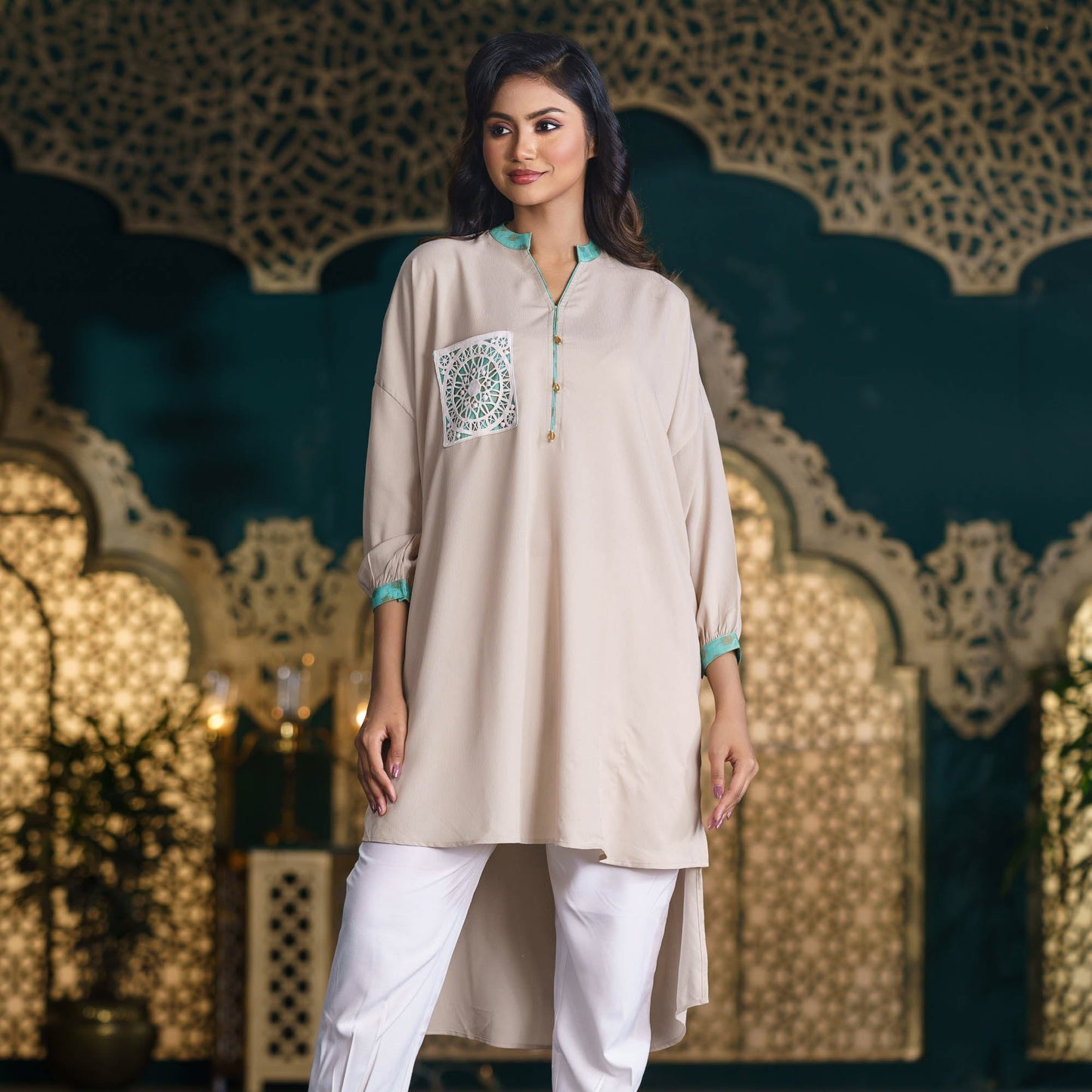 Women Beige Fusion Kurti