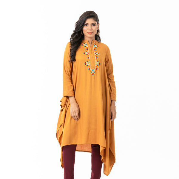 Women Mustard Embroidered Kurti