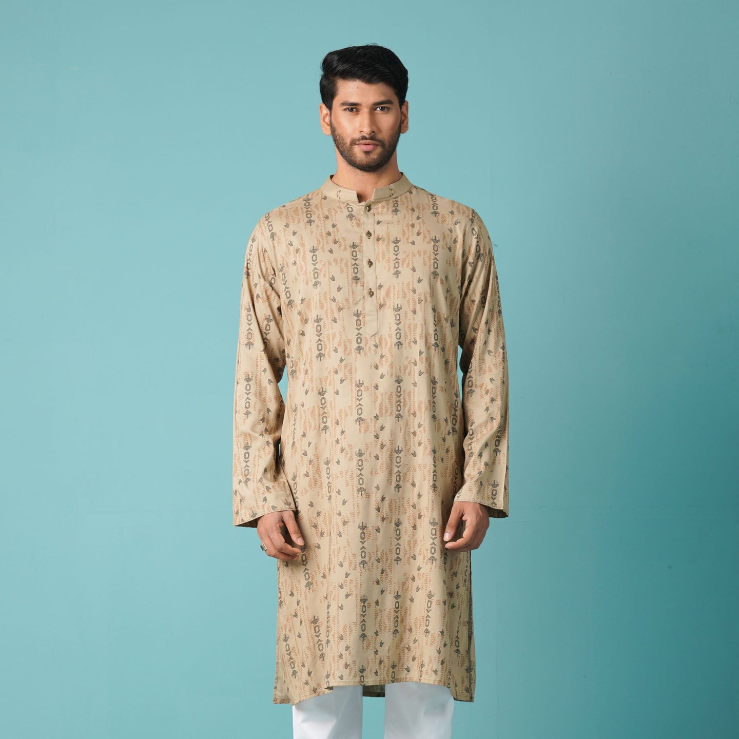 Men's Beige Printed Panjabi