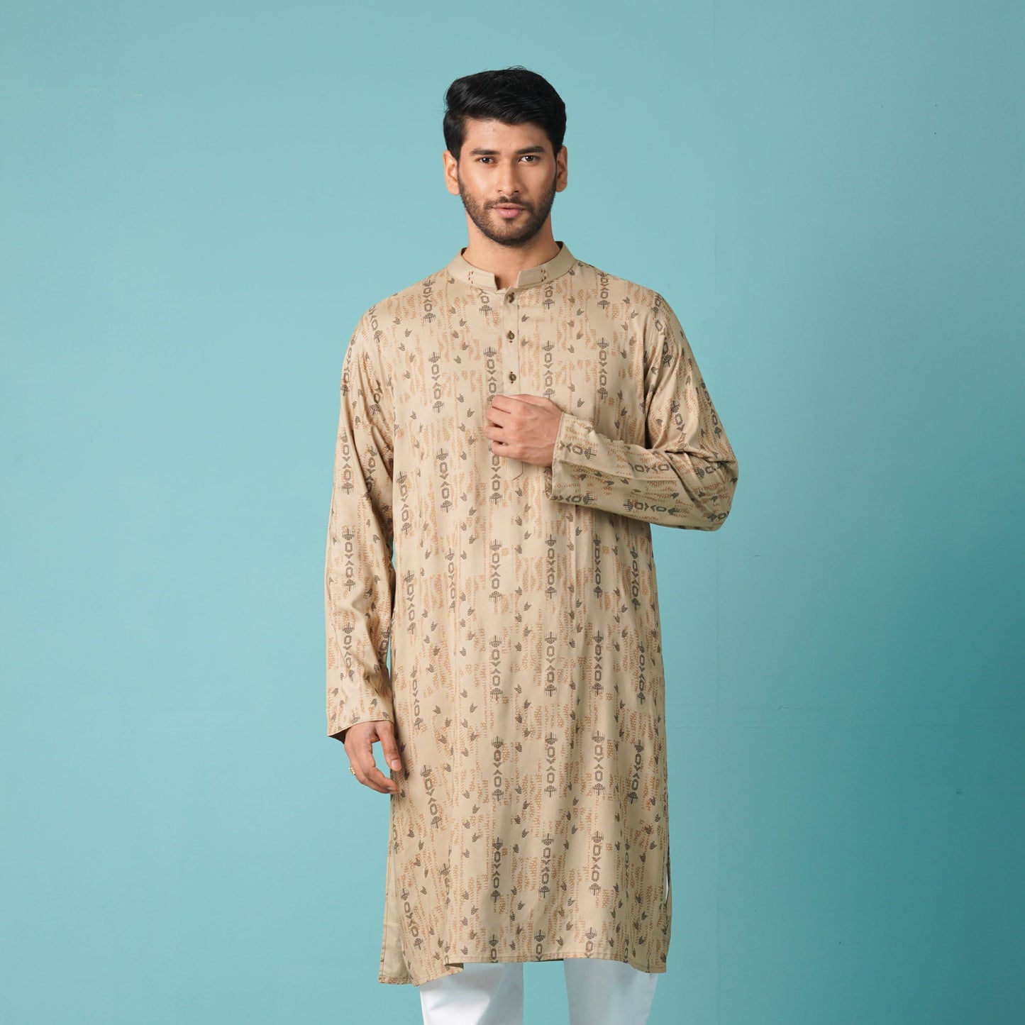 Mens Beige Printed Panjabi