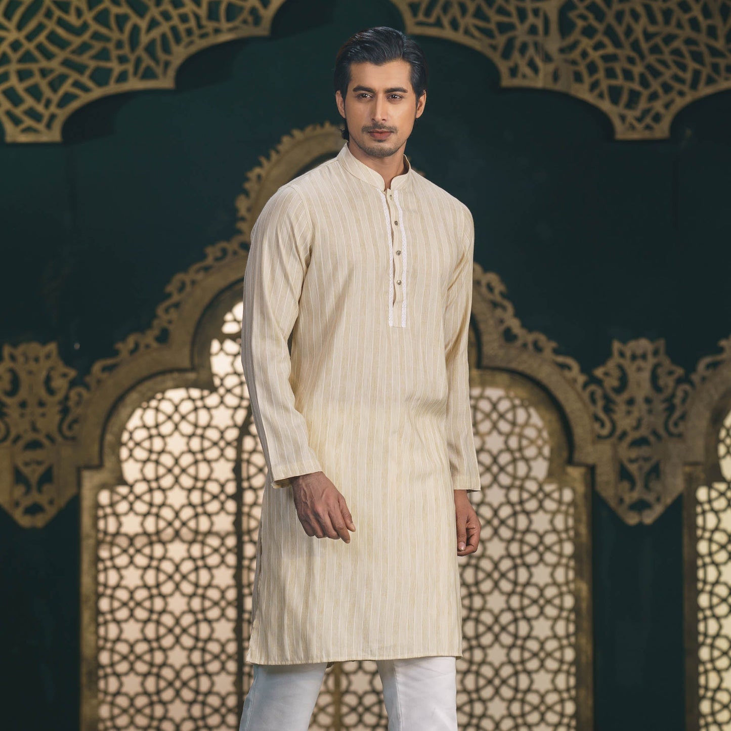 Men's Beige Stripe Panjabi