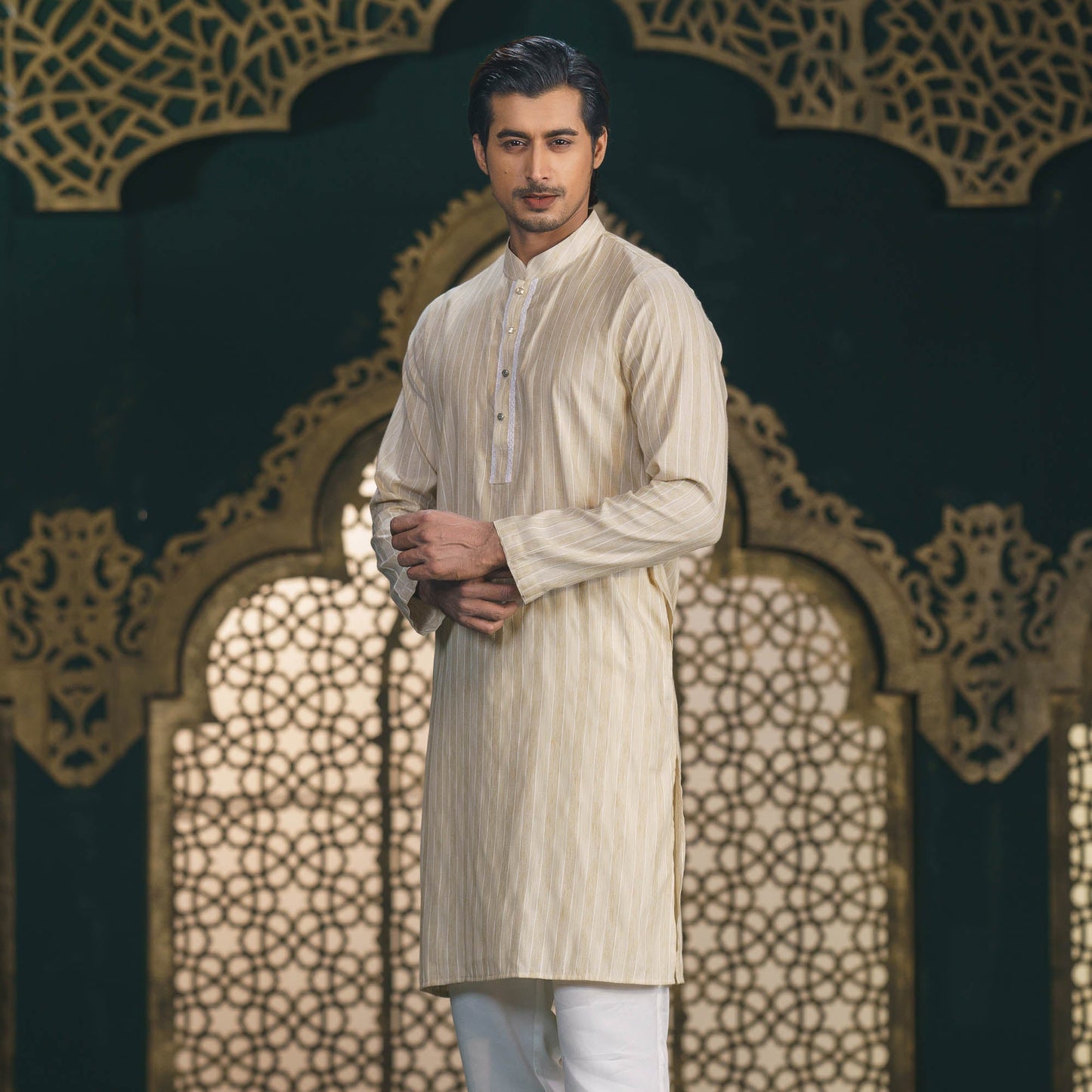 Men's Beige Stripe Panjabi
