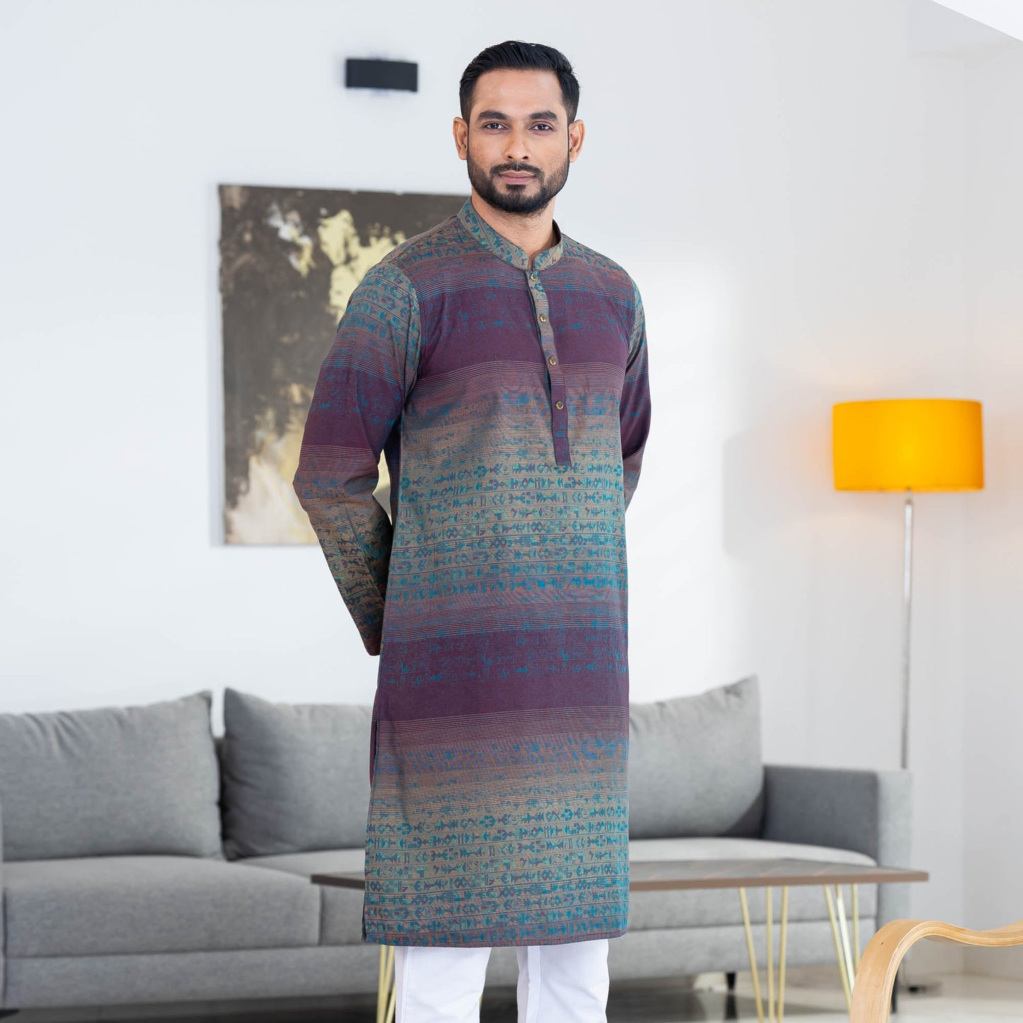 Mens Teal Printed Panjabi