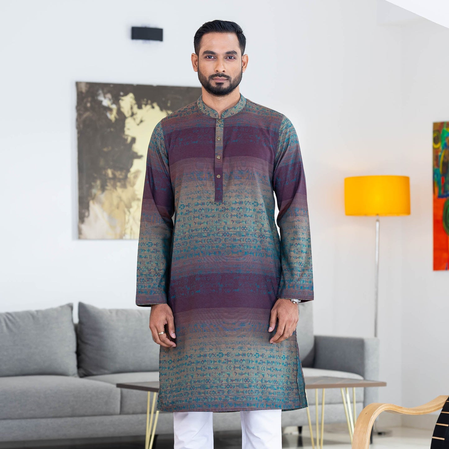 Mens Teal Printed Panjabi