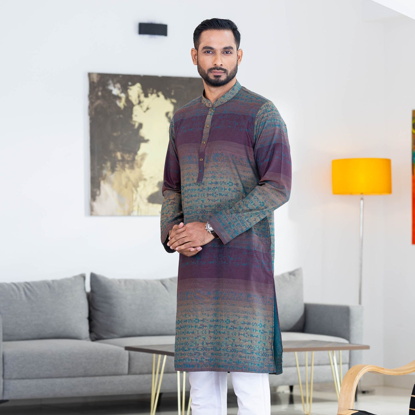 Mens Teal Printed Panjabi