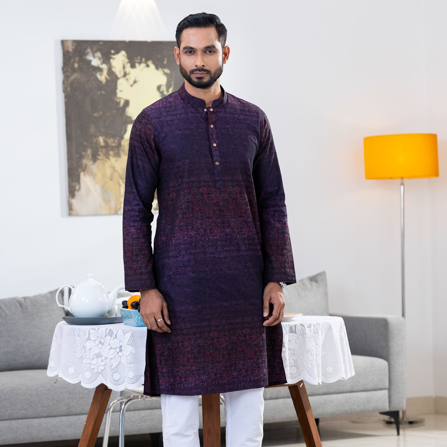 Men's Burgundy Printed Panjabi