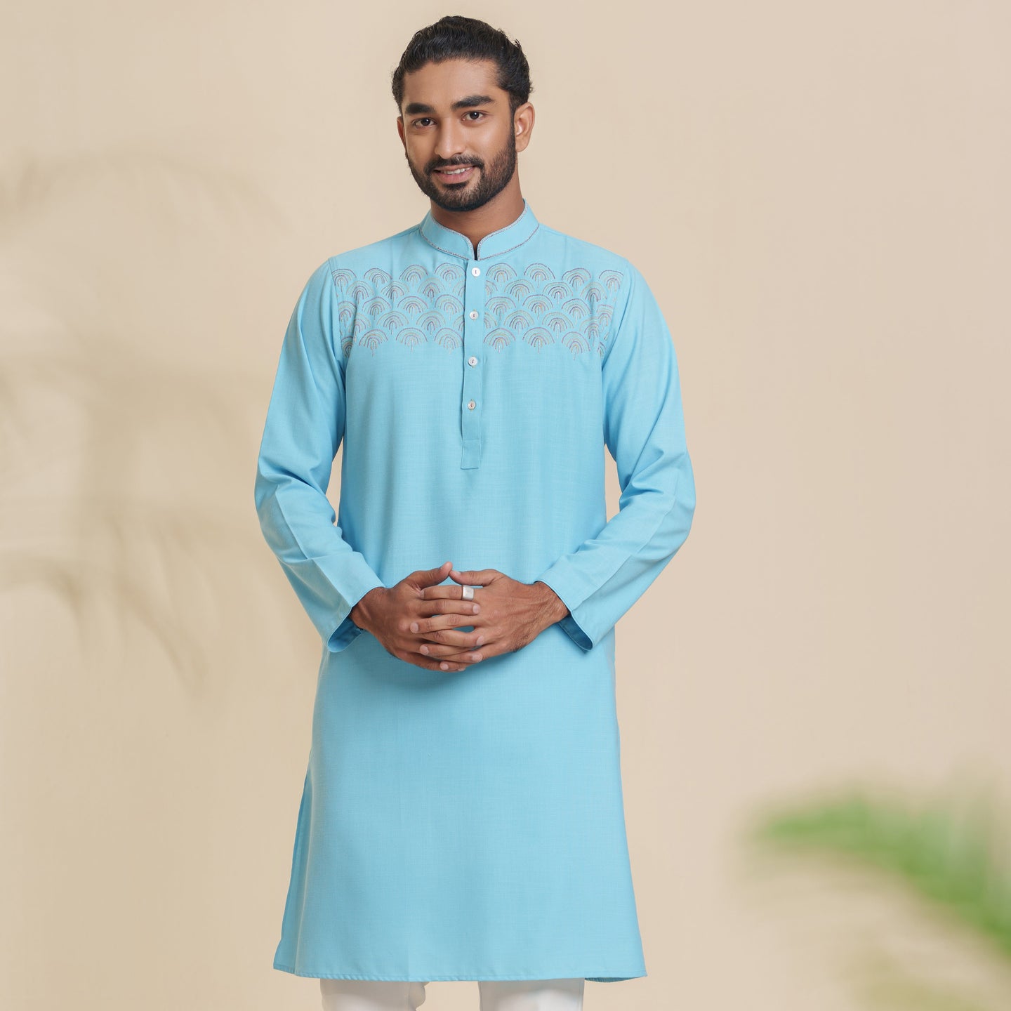 Men's Sky Blue Embroidery Panjabi