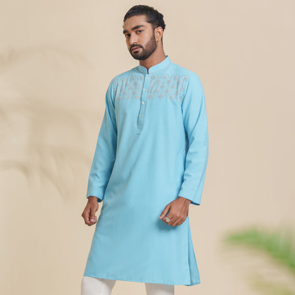 Men's Sky Blue Embroidery Panjabi