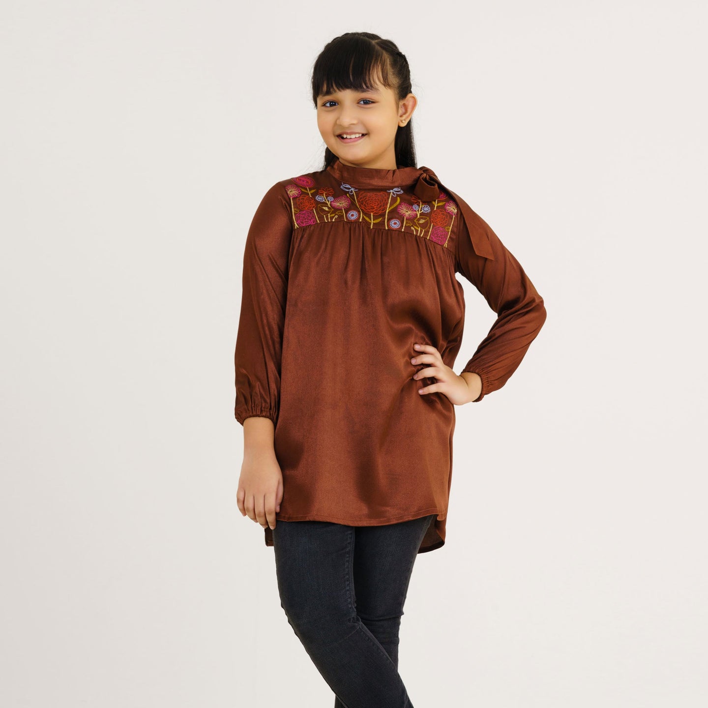 Girl's Brown Embroidered Tunic