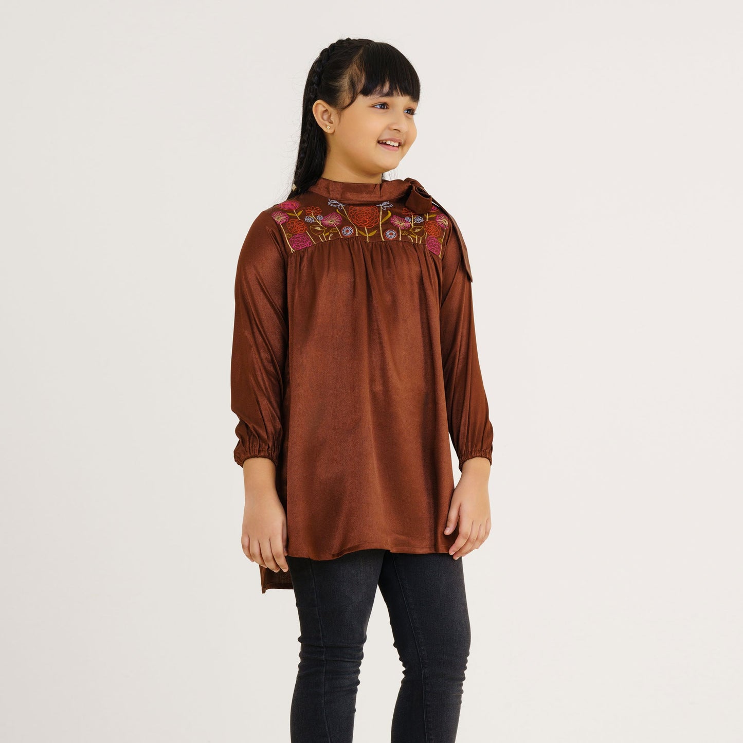 Girl's Brown Embroidered Tunic