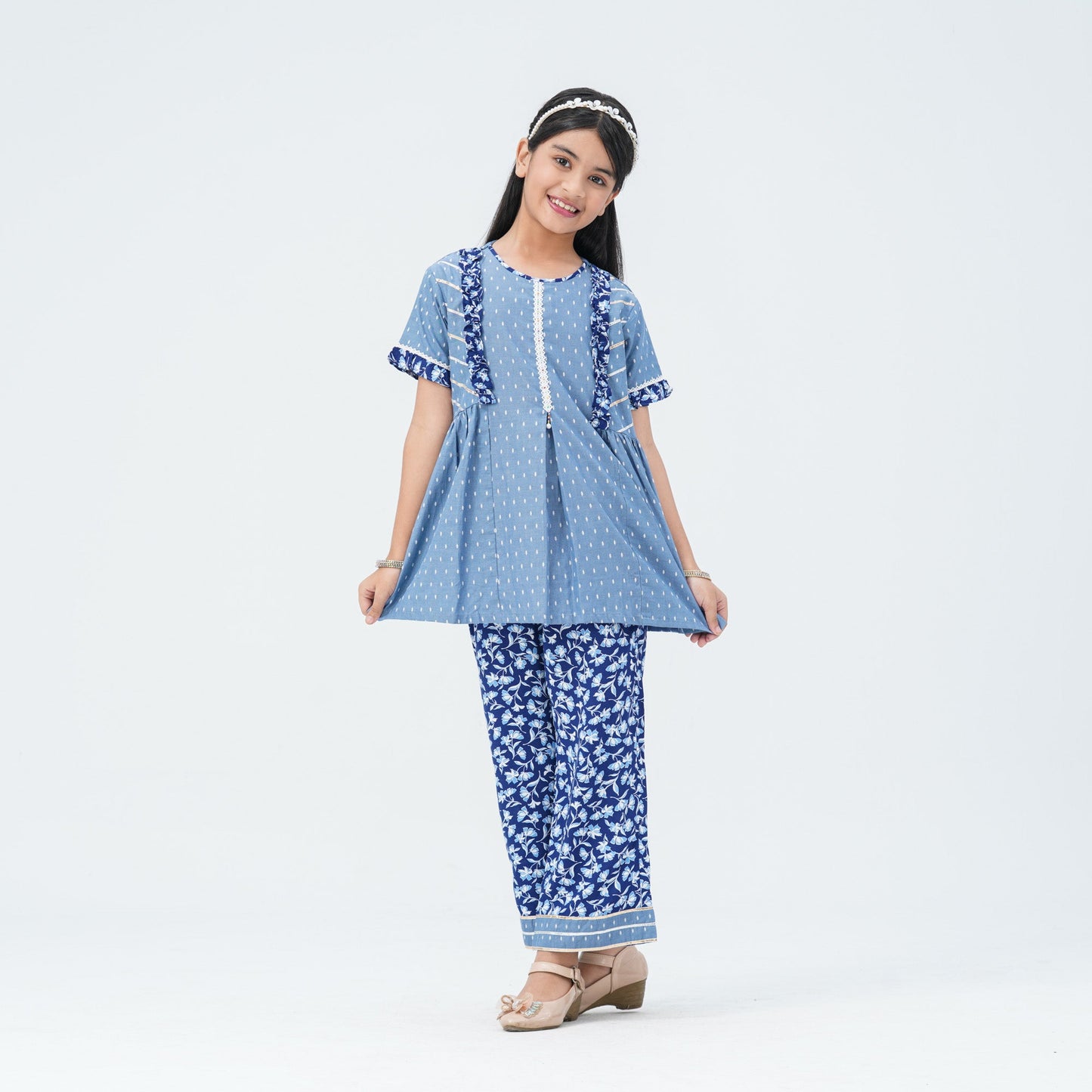 Girl's Blue Cotton Two Piece Set