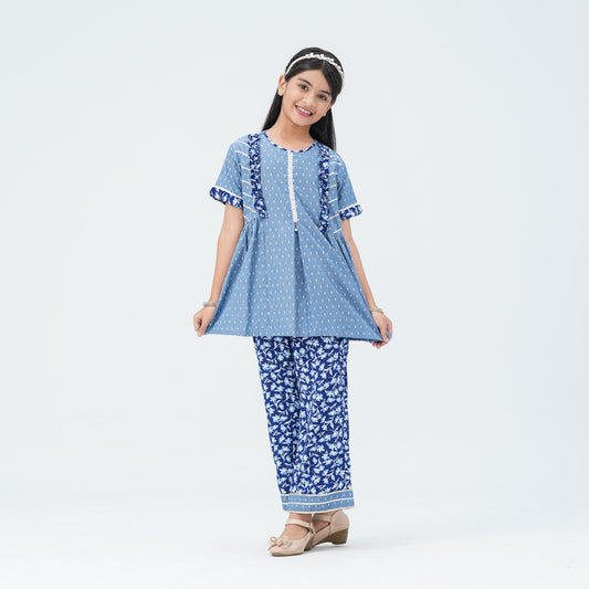 Girl's Blue Cotton Two Piece Set