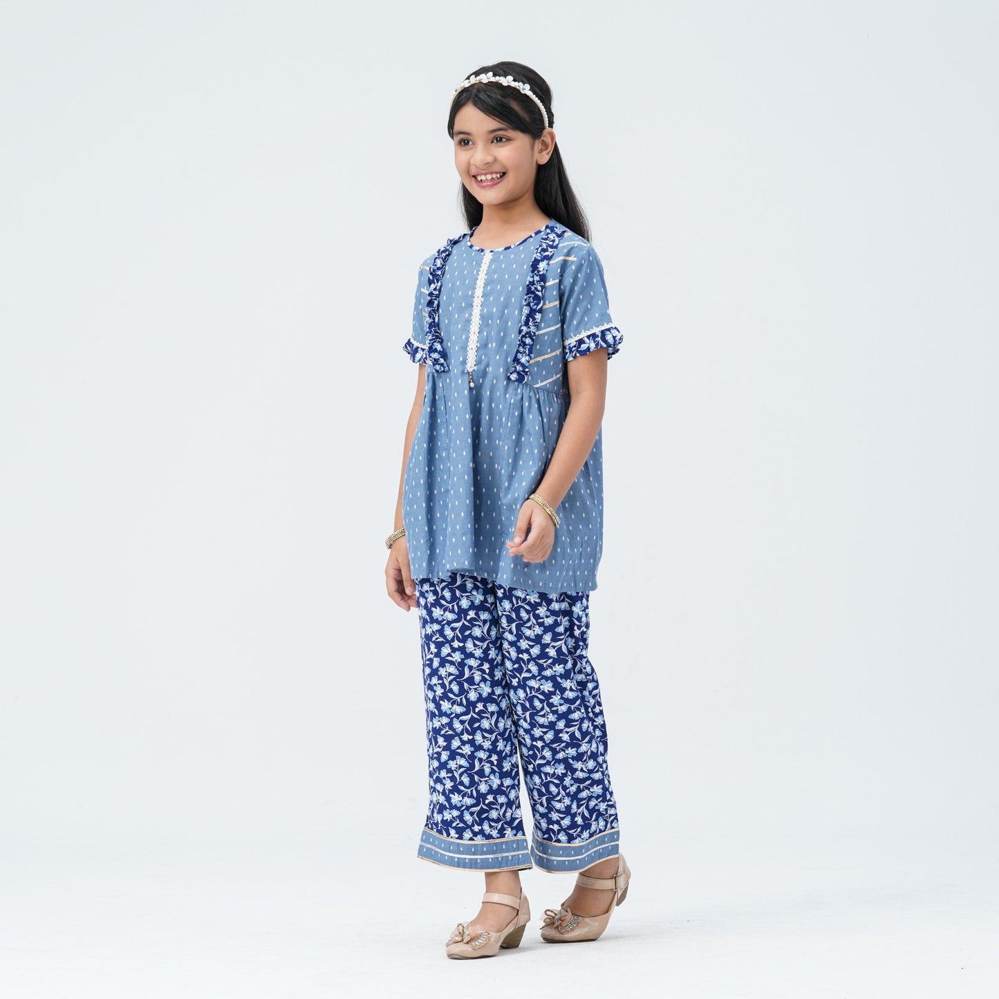 Girl's Blue Cotton Two Piece Set