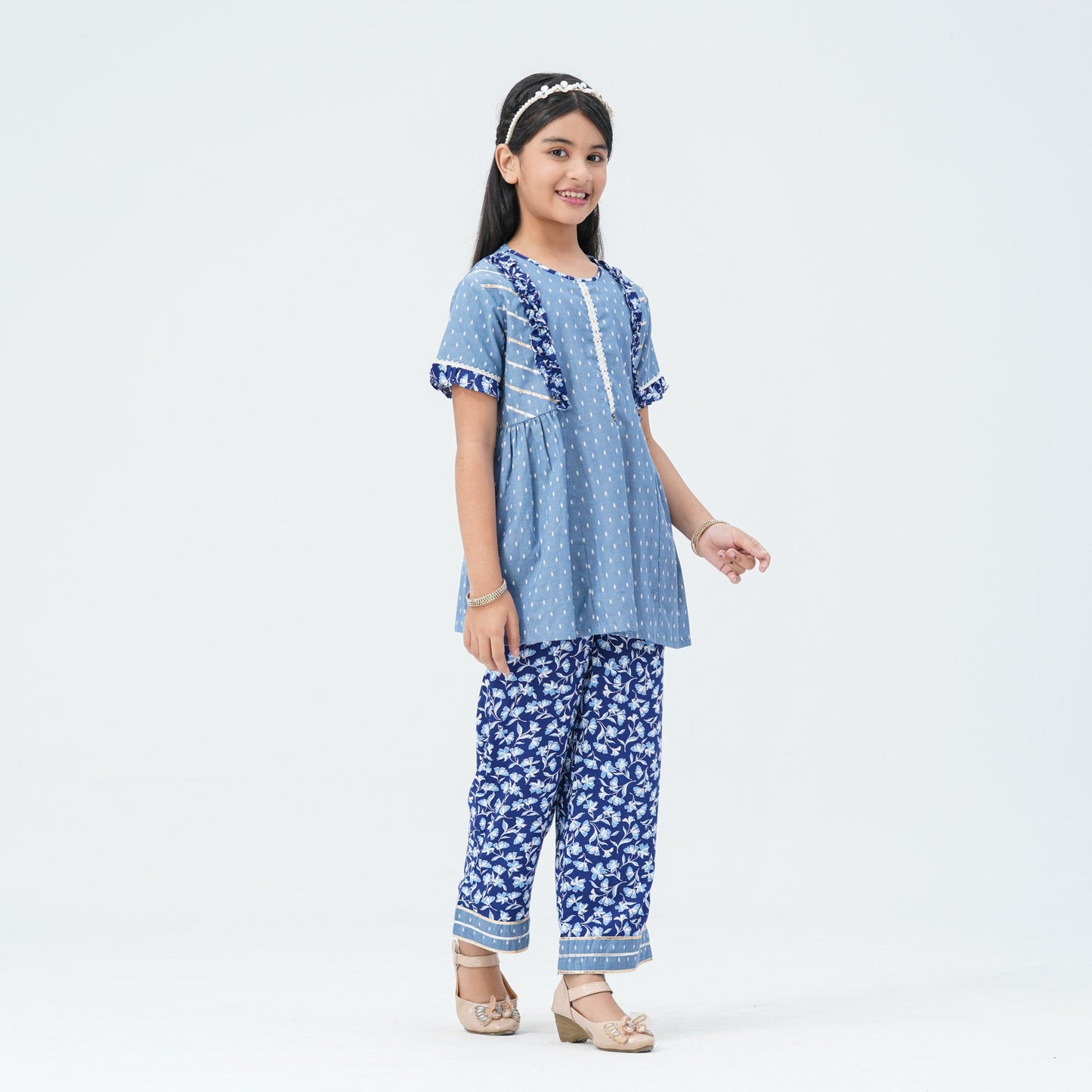 Girl's Blue Cotton Two Piece Set