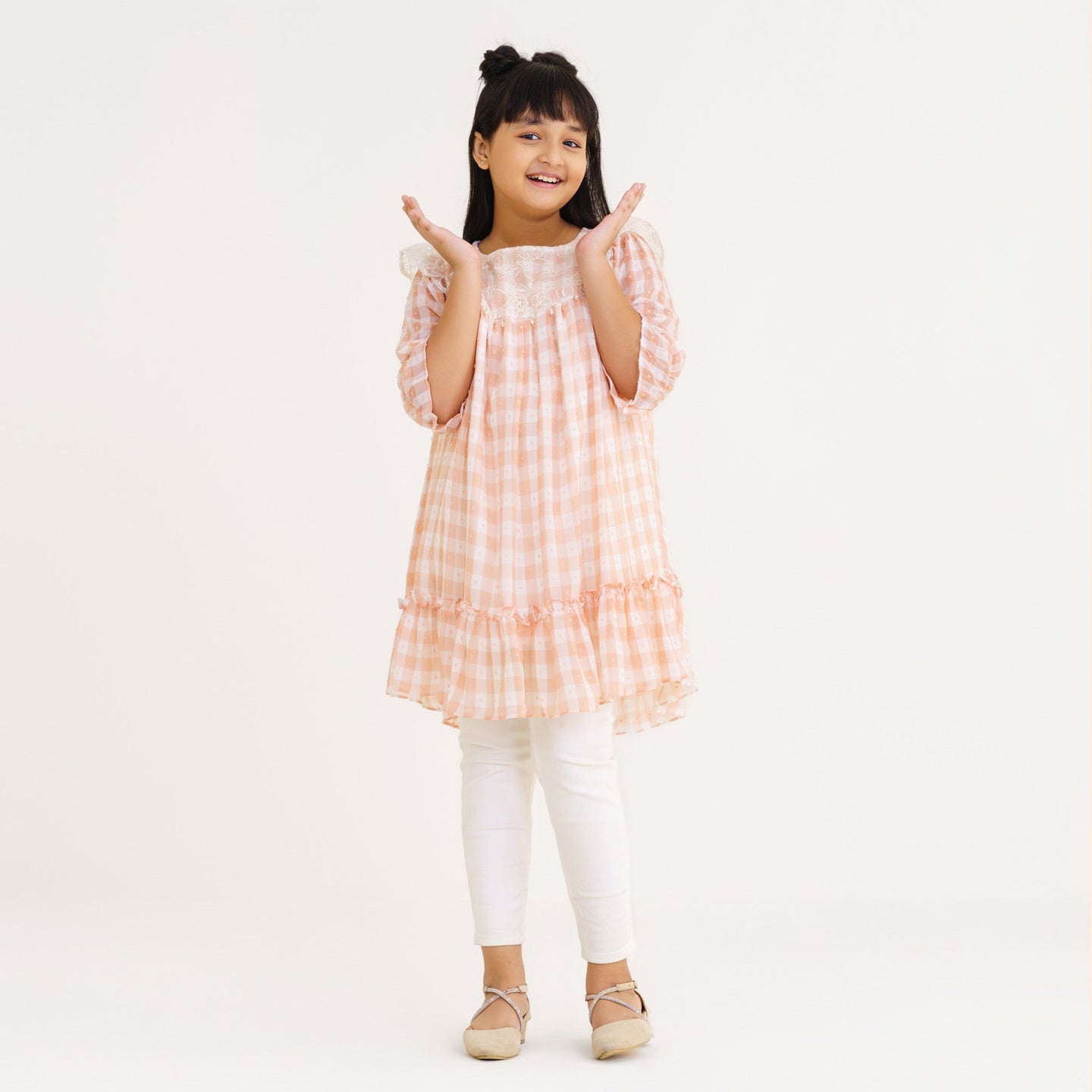 Girls Peach Check Georgette Frock