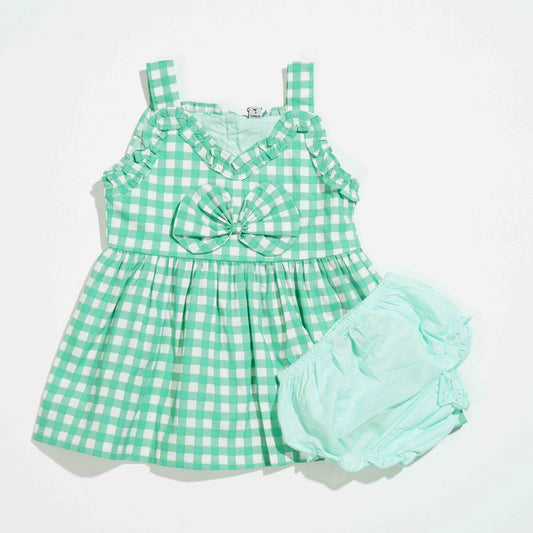 NEW BORN GIRLS FROCK - GREEN PRINT
