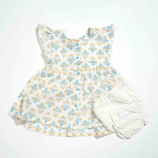 New Born Girls Frock - Yellow Aop