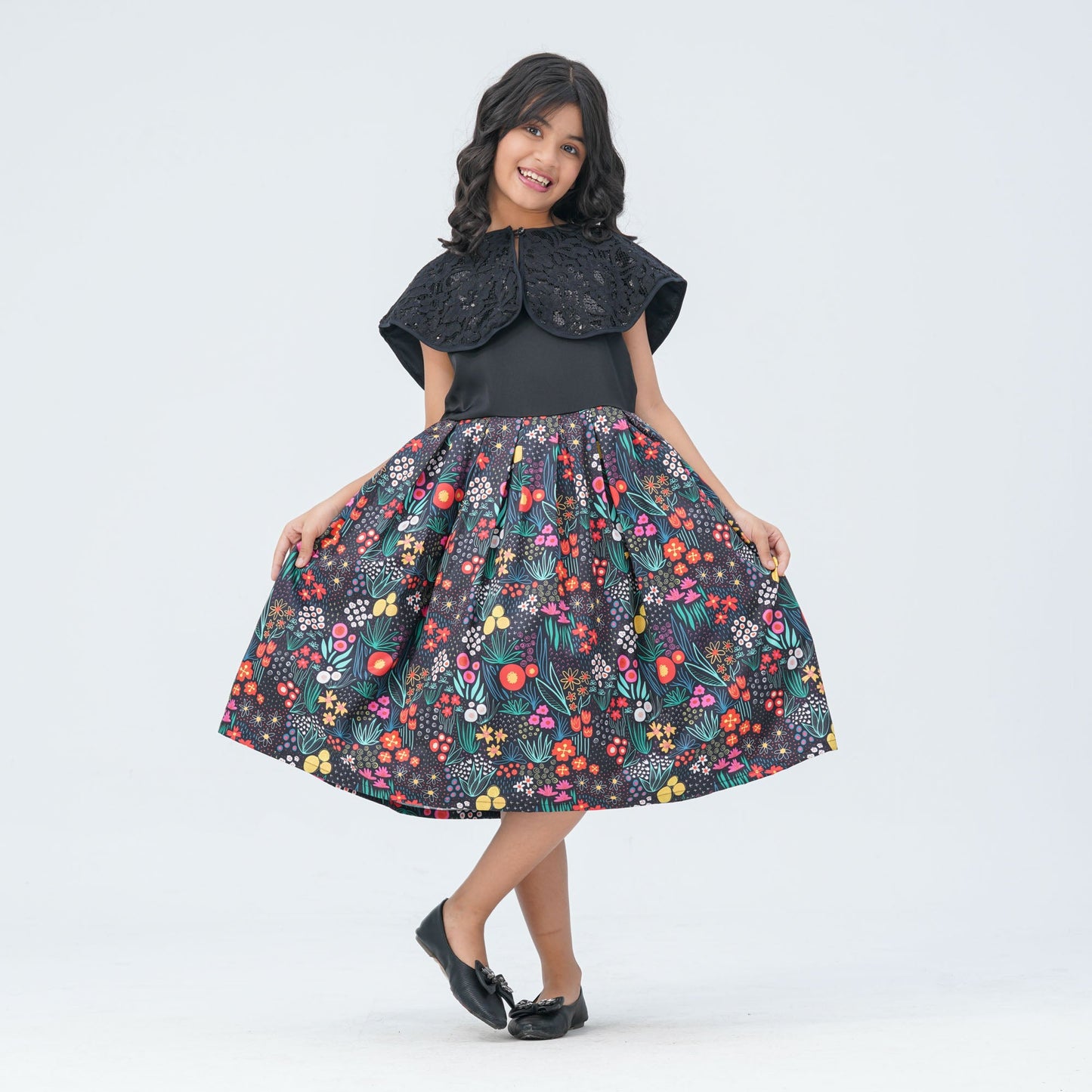 Girl's Floral Printed Blended Silk Gown with Sequin Cape