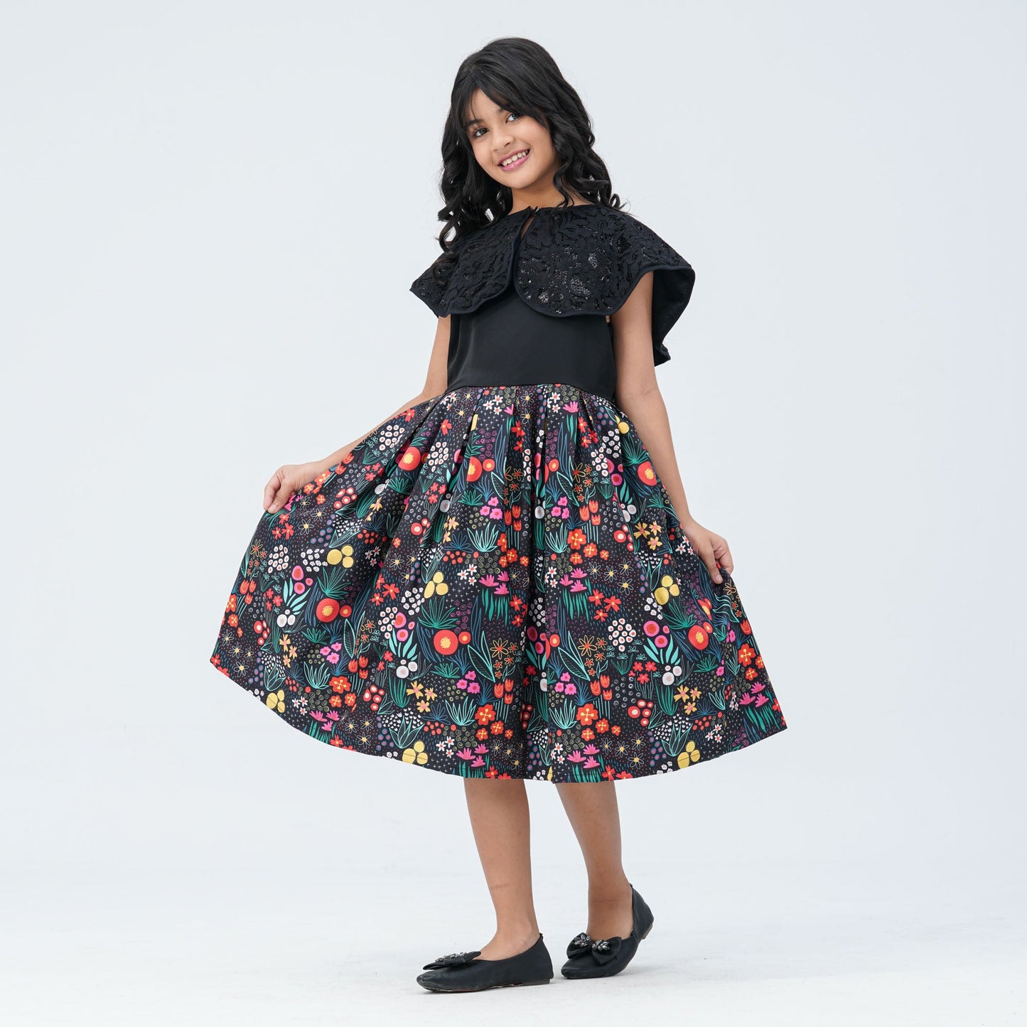Girl's Floral Printed Blended Silk Gown with Sequin Cape