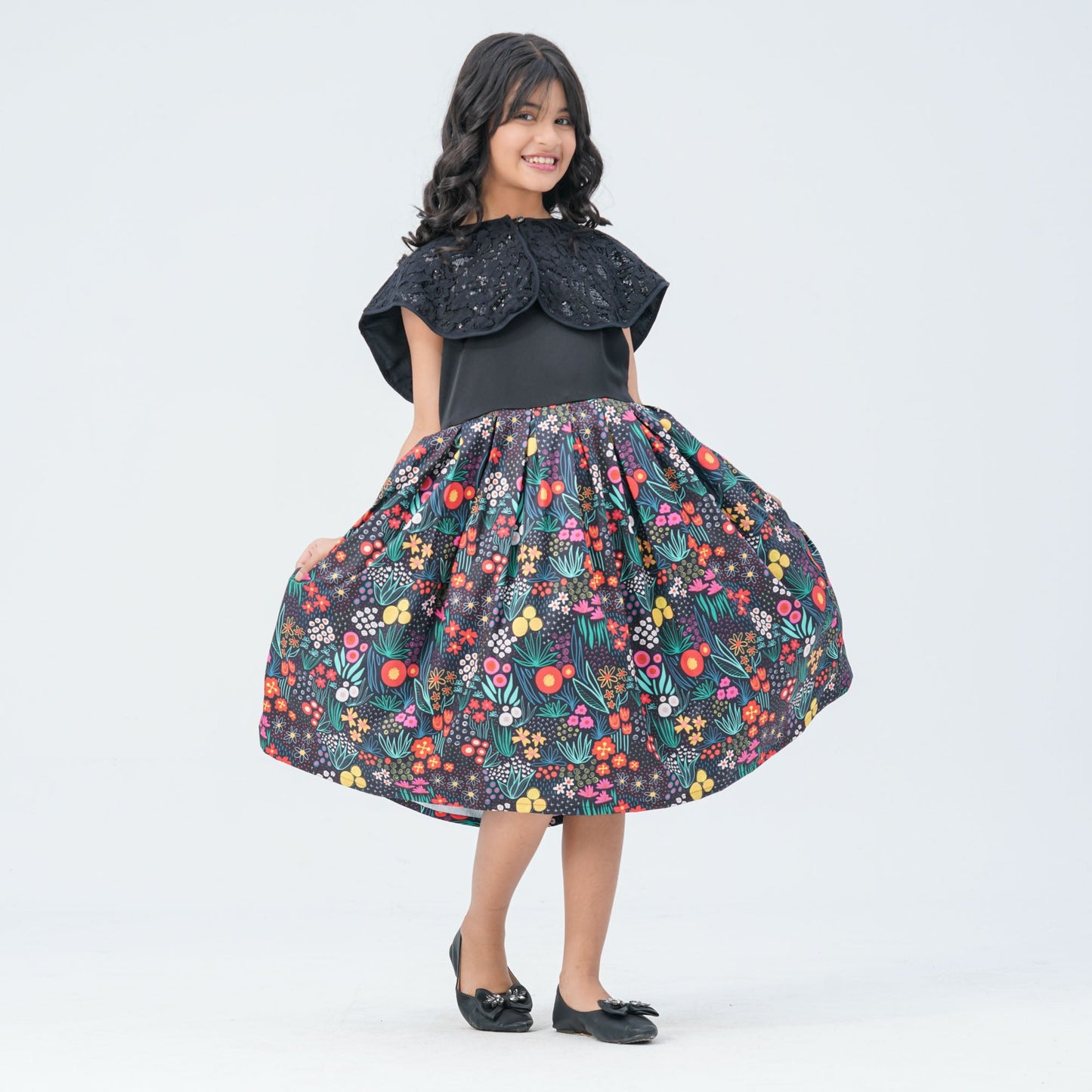 Girl's Floral Printed Blended Silk Gown with Sequin Cape