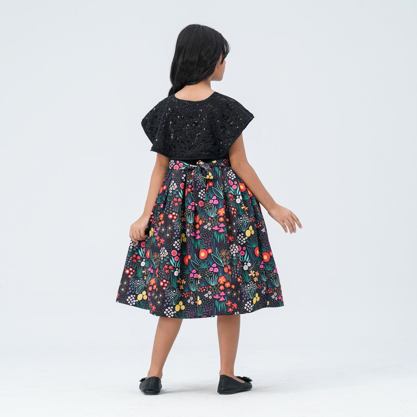 Girl's Floral Printed Blended Silk Gown with Sequin Cape