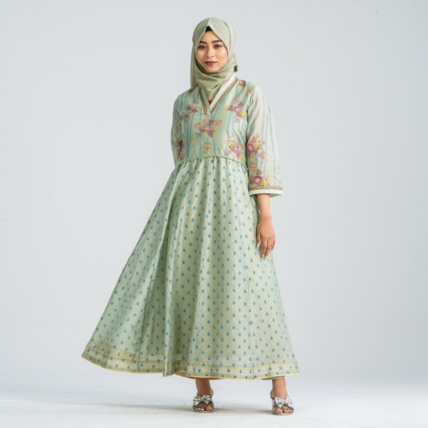 Women Half Silk Ethnic Gown