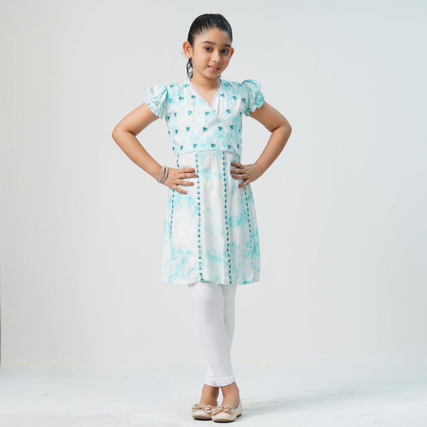 Teen Girls Tie-Dye Embroidered Linen Frock