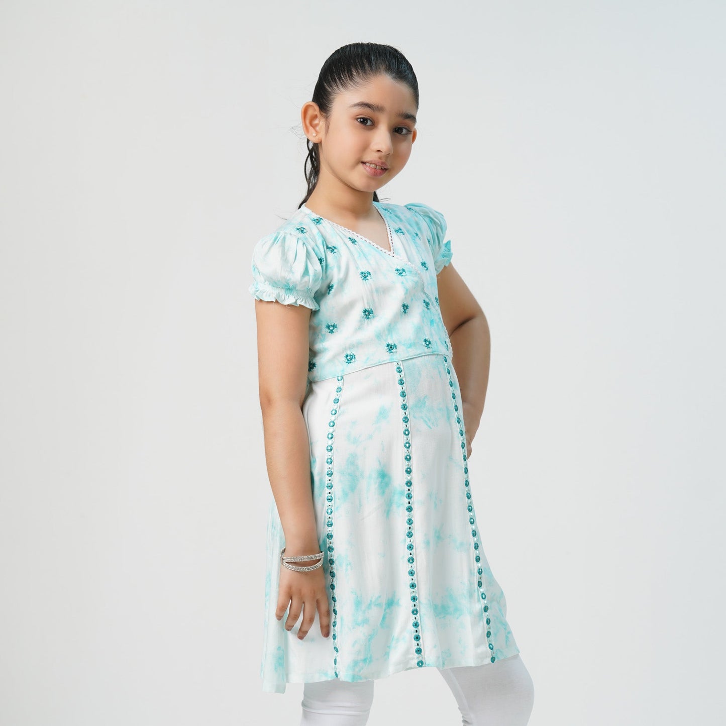 Teen Girls Tie-Dye Embroidered Linen Frock