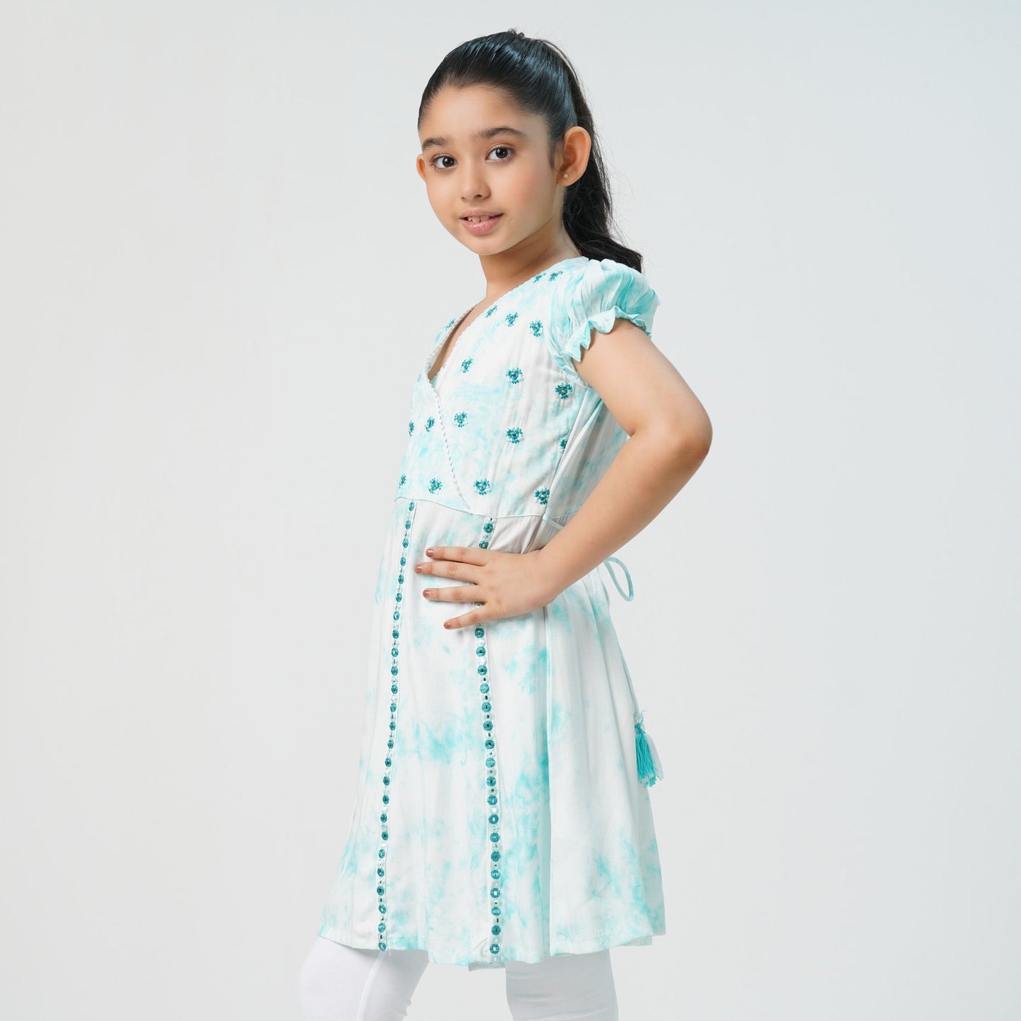 Teen Girls Tie-Dye Embroidered Linen Frock