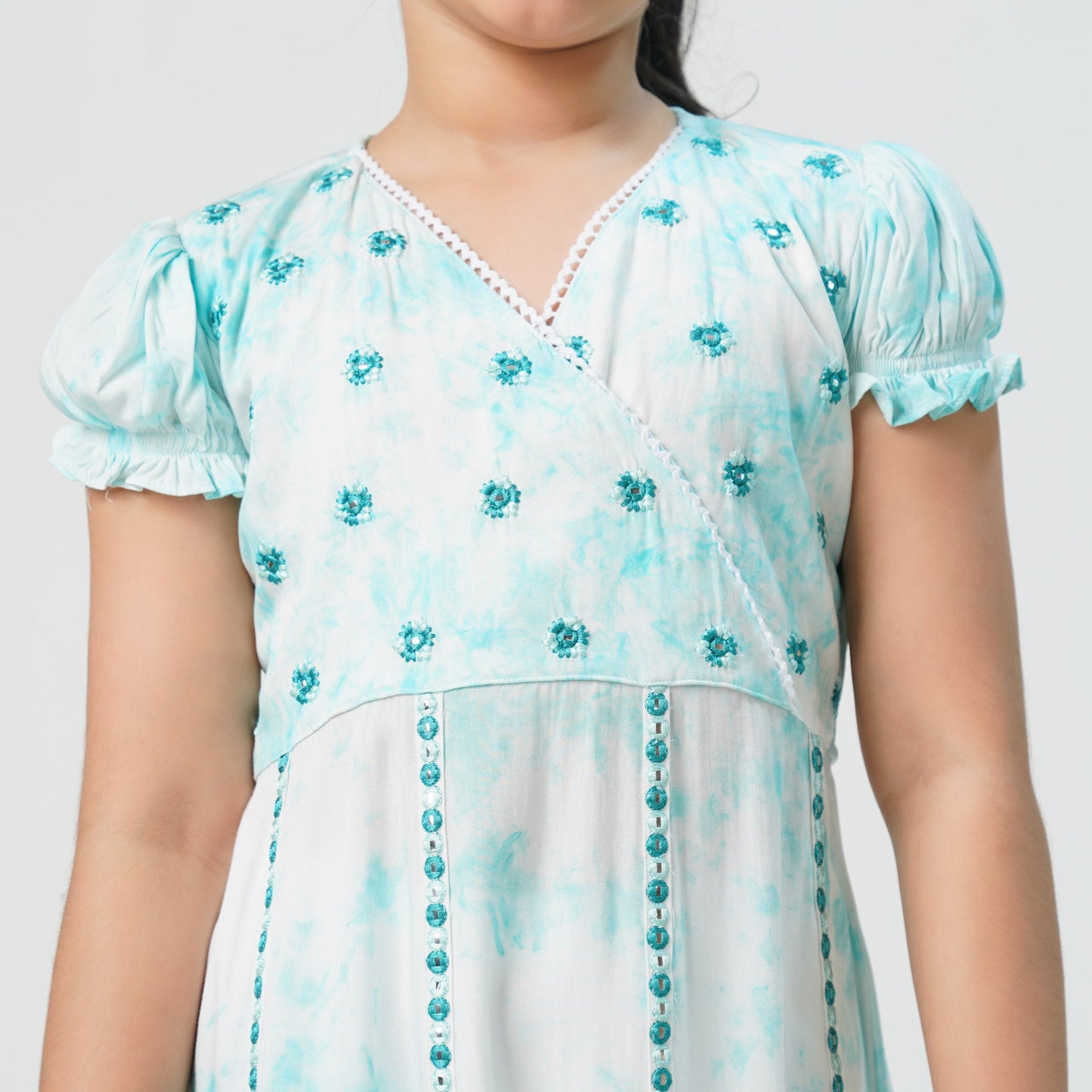 Teen Girls Tie-Dye Embroidered Linen Frock