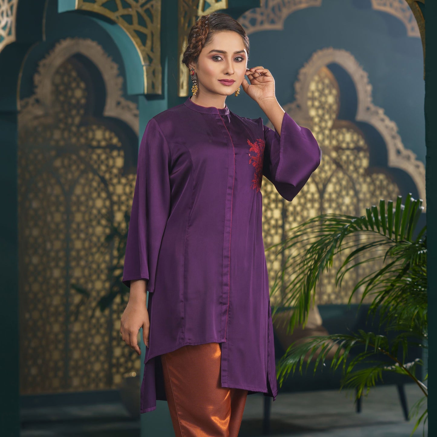 Womens Purple Embroidered Silk Tunic