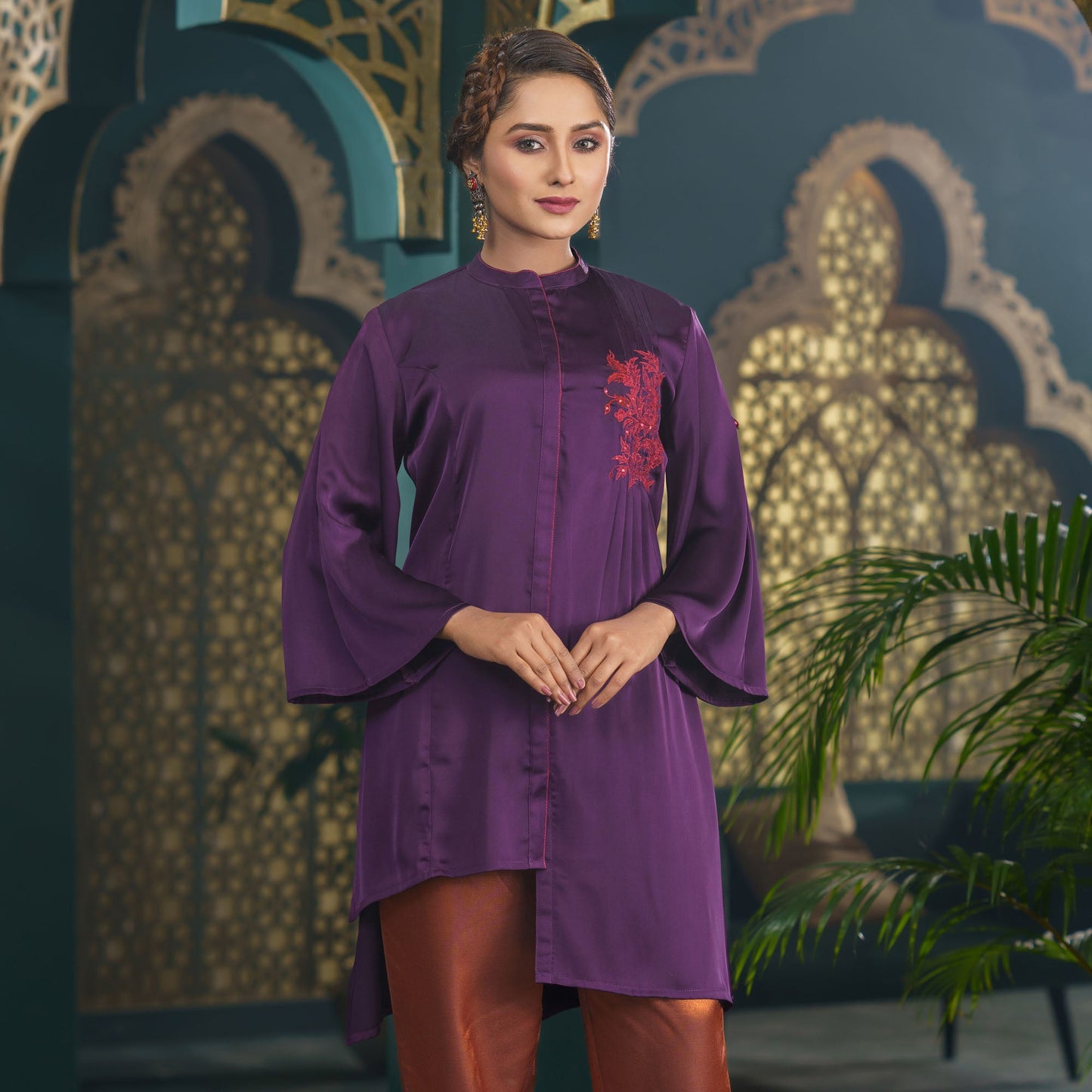 Womens Purple Embroidered Silk Tunic