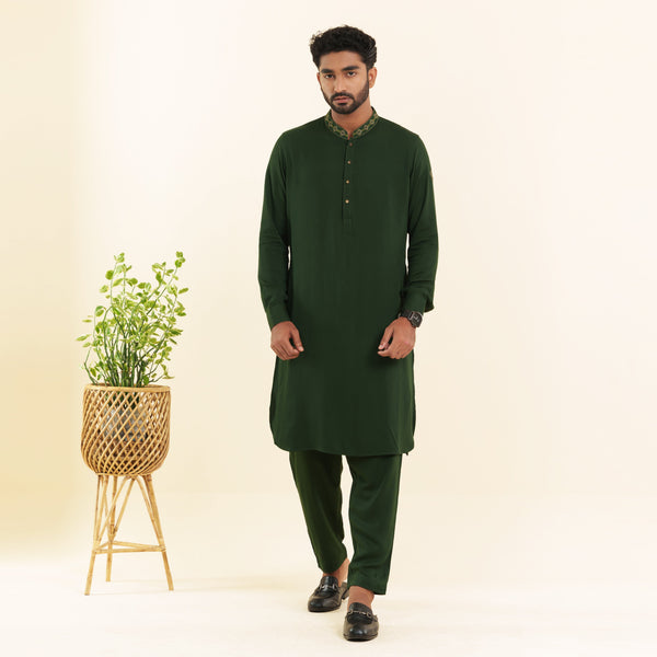 Men's Green  Embroidery Kabli Set