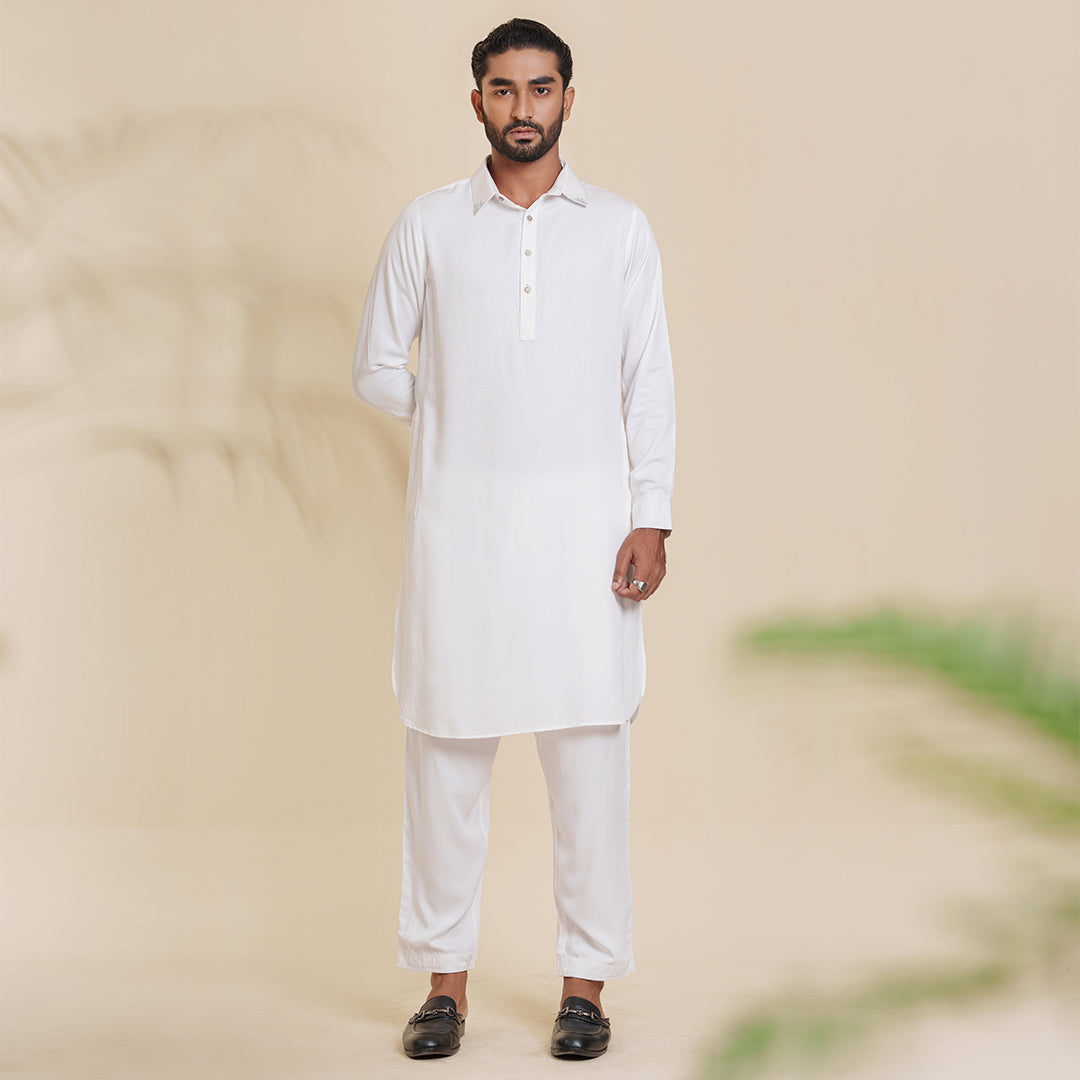 Men's White  Embroidery Kabli Set