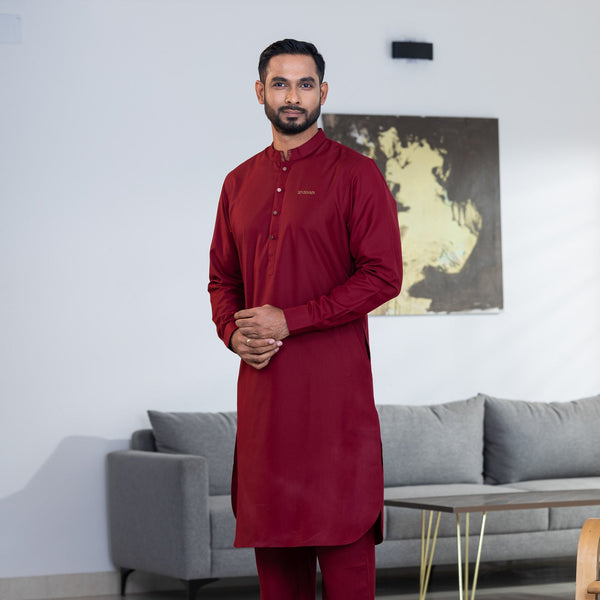 Men's Maroon Embroidered Kabli Set