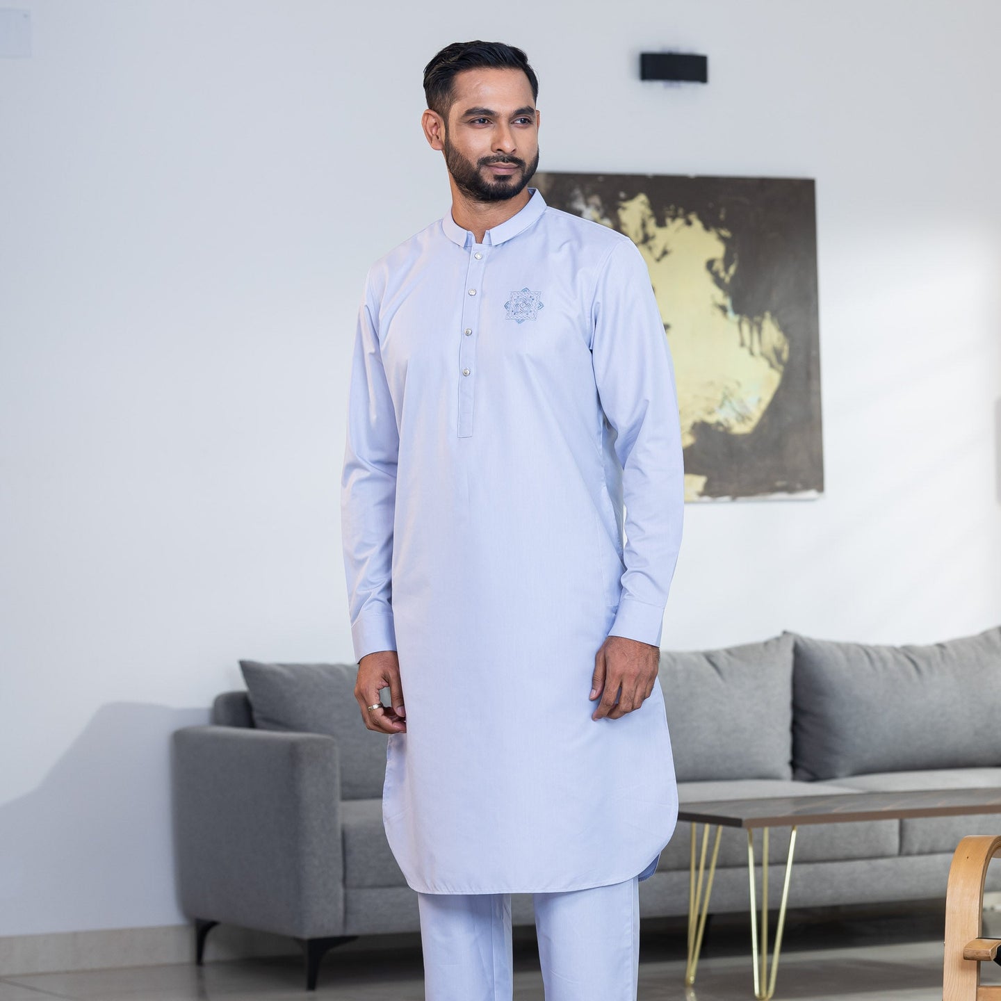 Men's Light-Blue Embroidery Kabli Set