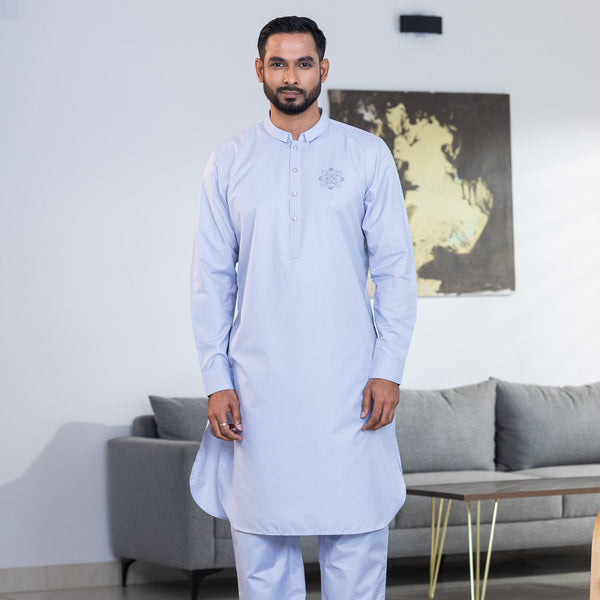 Men's Light-Blue Embroidery Kabli Set