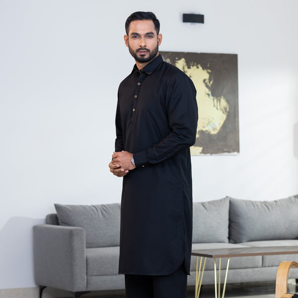 Men's Black Embroidery Kabli Set