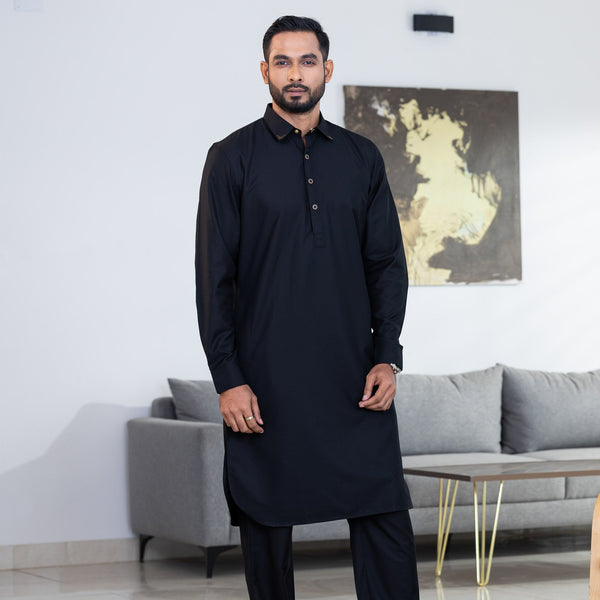 Men's Black Embroidery Kabli Set