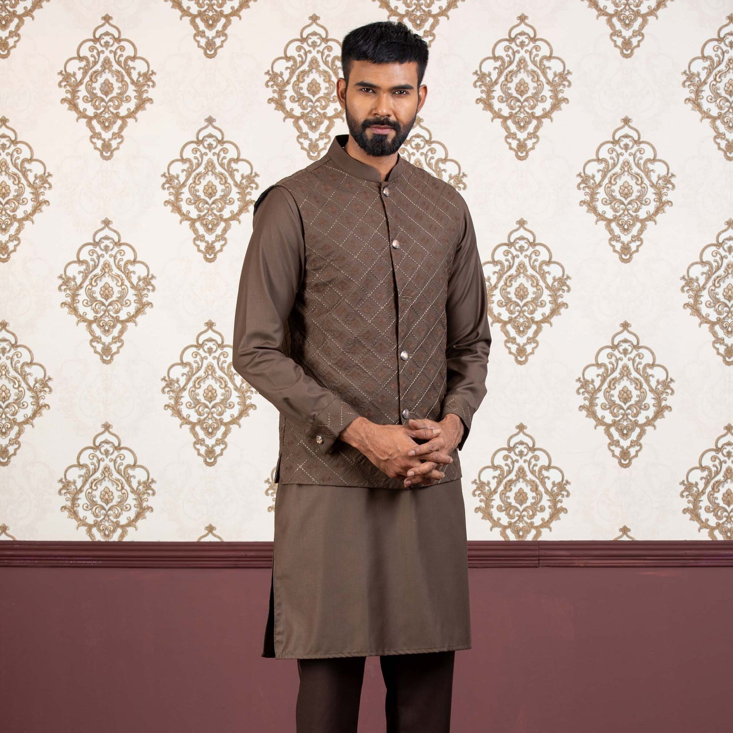 Men's Brown Embroidered 2-Piece Set