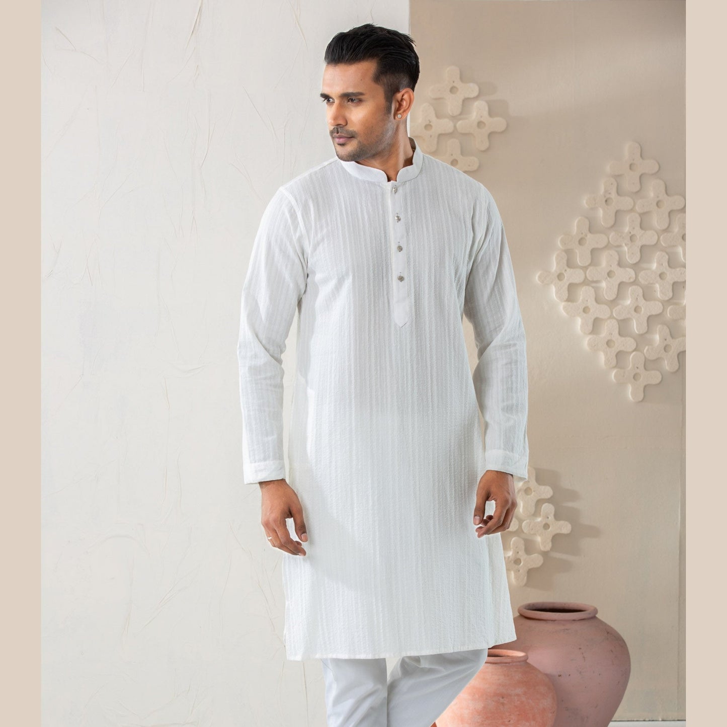 Men's White Cotton Panjabi