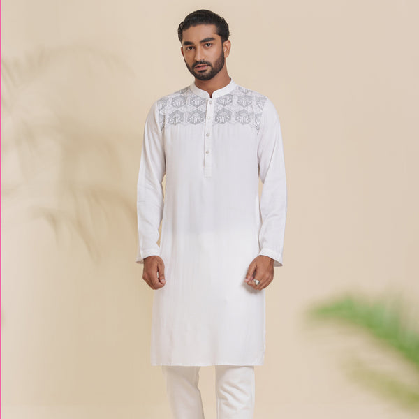 Men's White Embroidery Panjabi