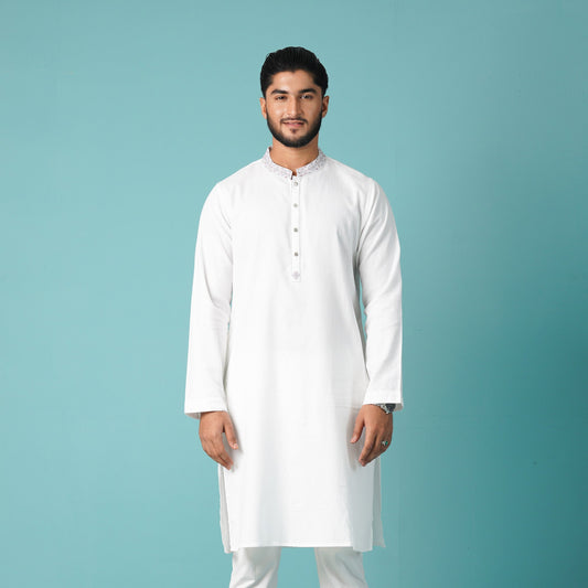 Mens White Embroidered Panjabi