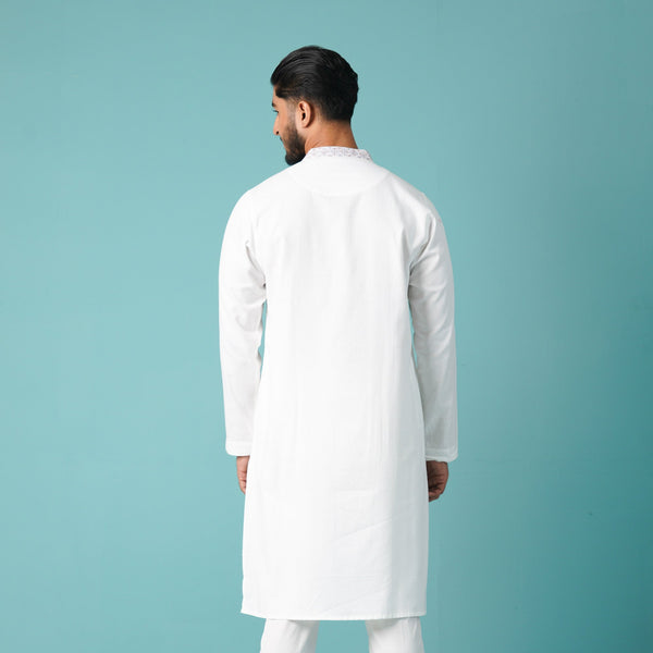 Men's White Embroidered Panjabi