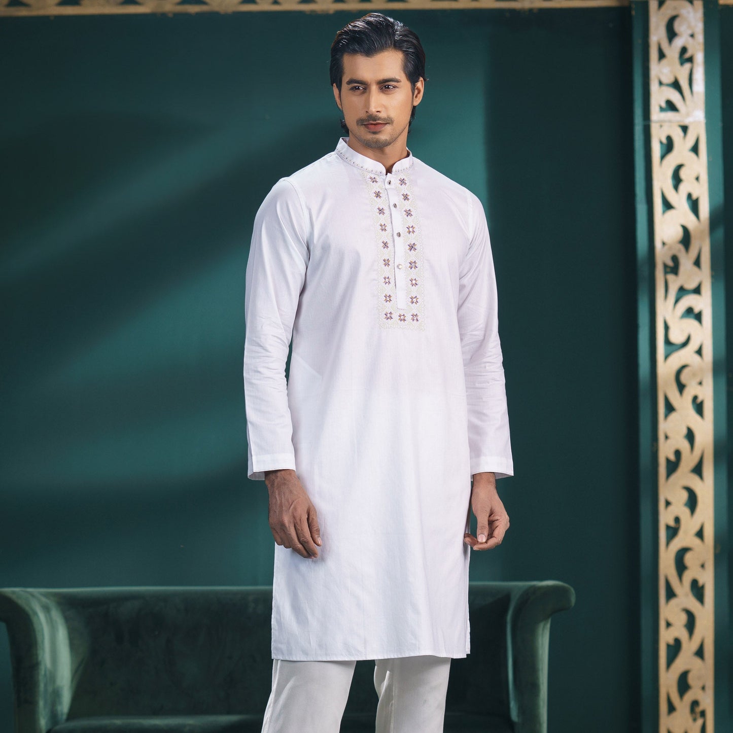 Mens White Embroidery Panjabi