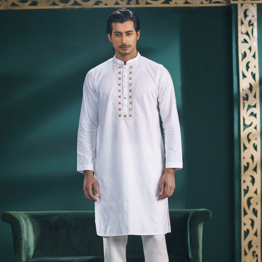 Mens White Embroidery Panjabi