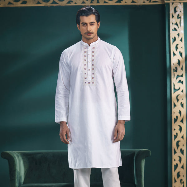 Men's White Embroidery Panjabi