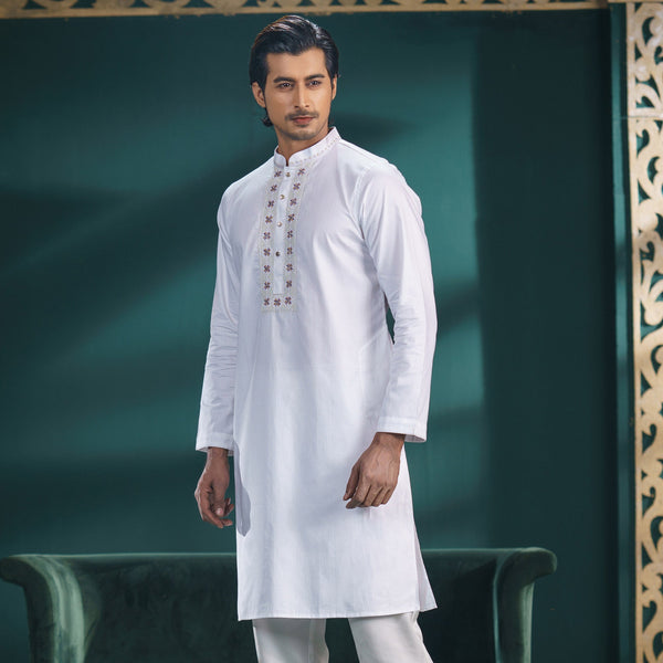 Men's White Embroidery Panjabi