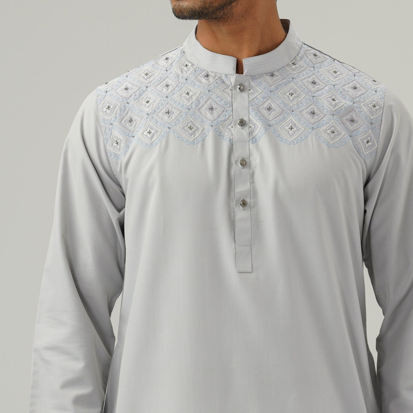 Mens Silver Embroidered Panjabi