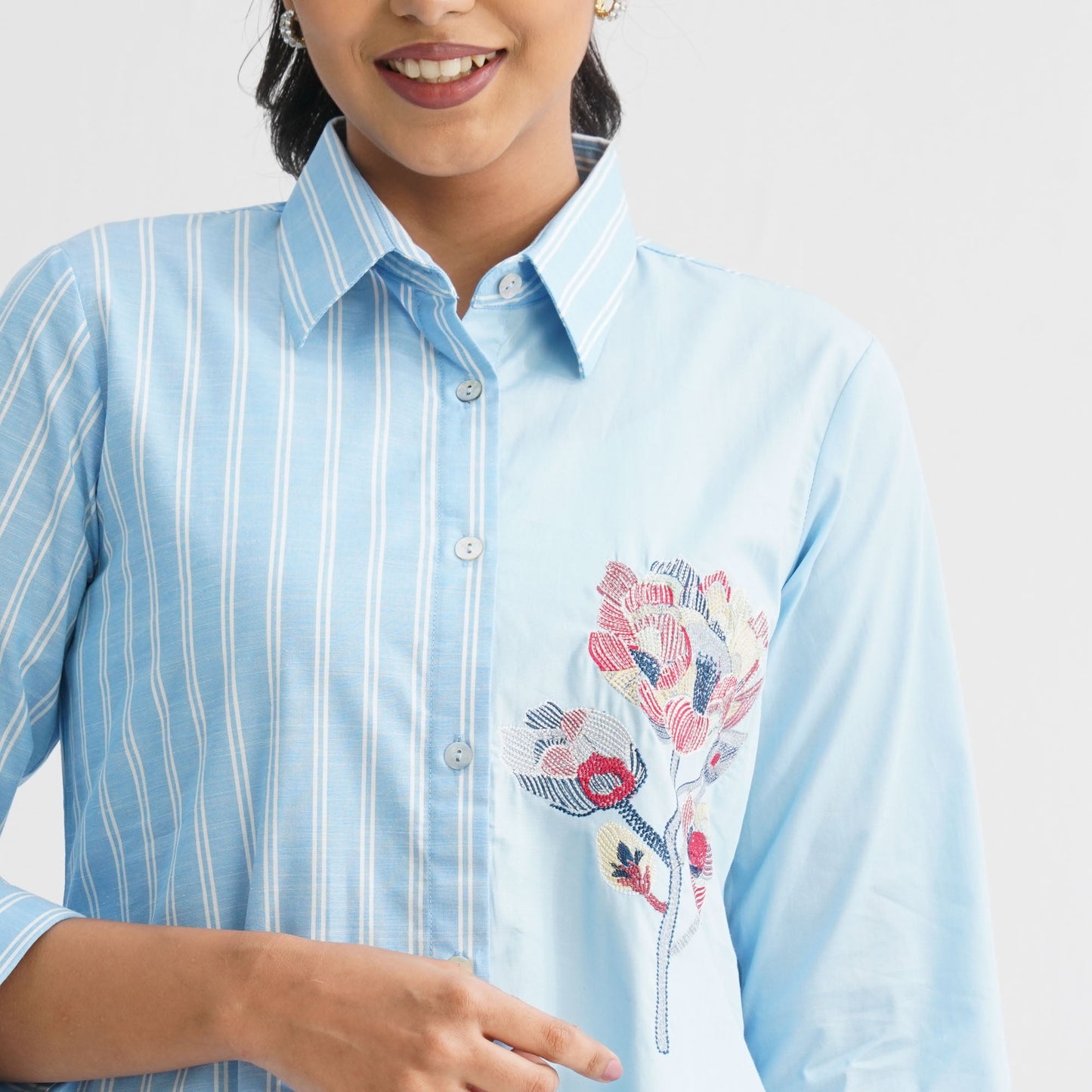 Womenâ€™s Sky Blue Floral Embroidered Shirt
